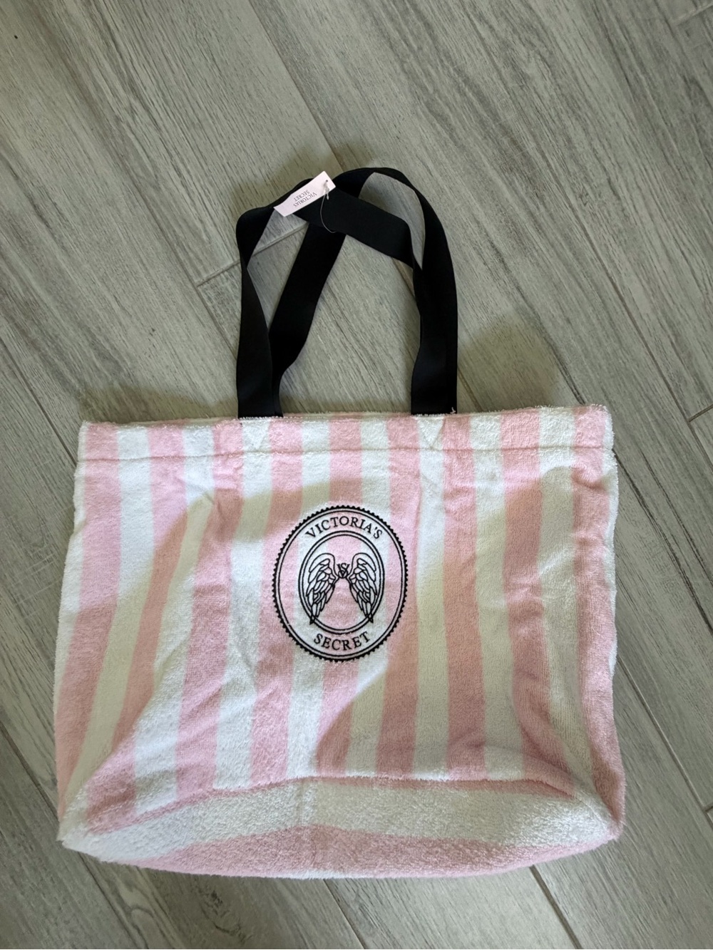 Victoria's Secret Pink & White Striped terry cloth Tote with Black Straps